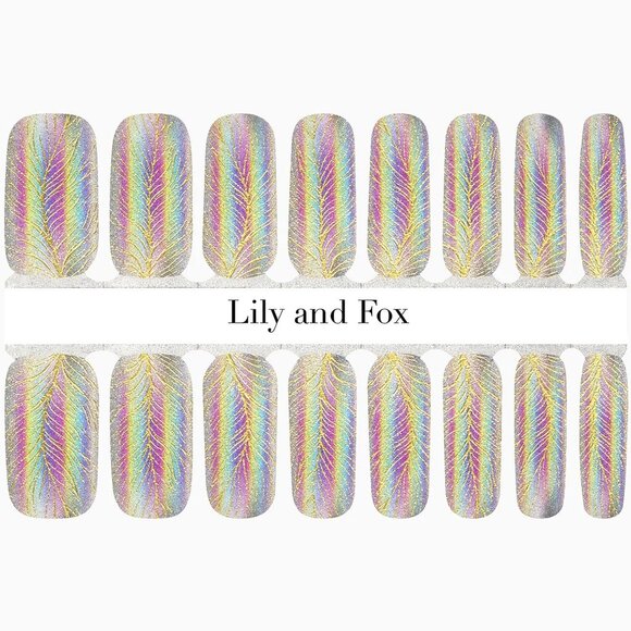 3 for 15 - LILY & FOX - GOLDEN FEATHERS Nail Stickers Wrap Strips Pastel Rainbow - Picture 2 of 9